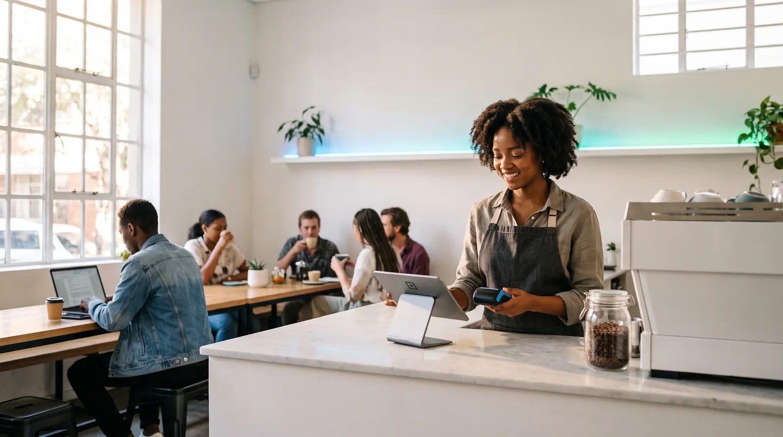 A café owner taking a card payment while customers work on laptops