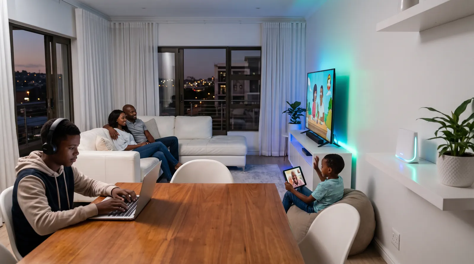 A family at home streaming, gaming and video-calling at the same time