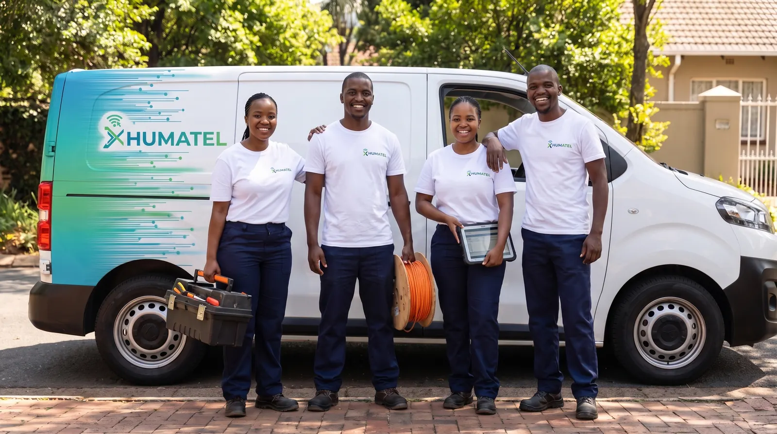 The Xhumatel installation team in branded T-shirts beside their van